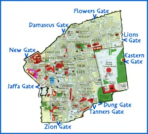 A diagram of the Gates of Jerusalem from the ancient city.