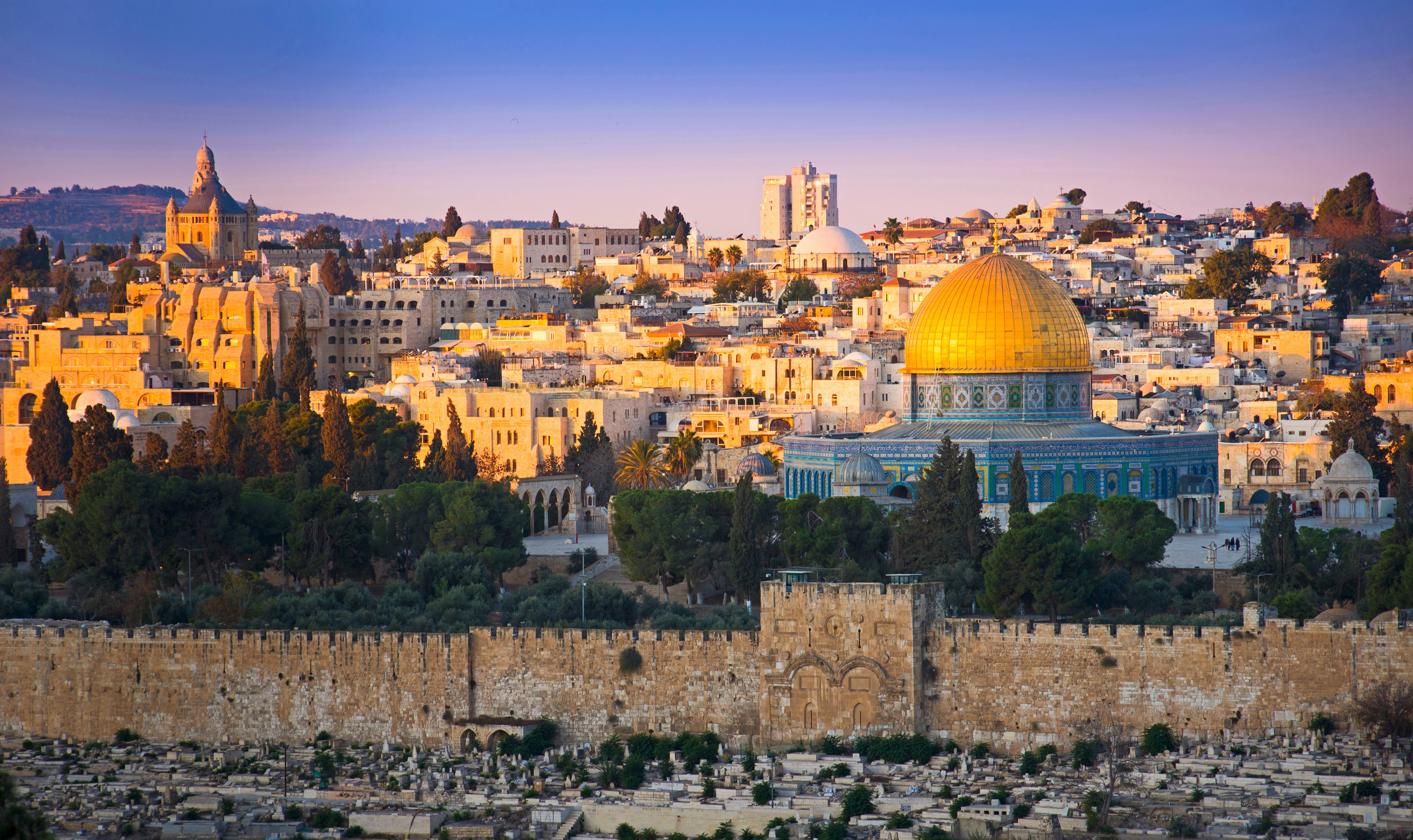 The Eastern Gate, or Golden Gate as viewed from the Mt. of Olives with the Dome of the Rock prominent in the background.