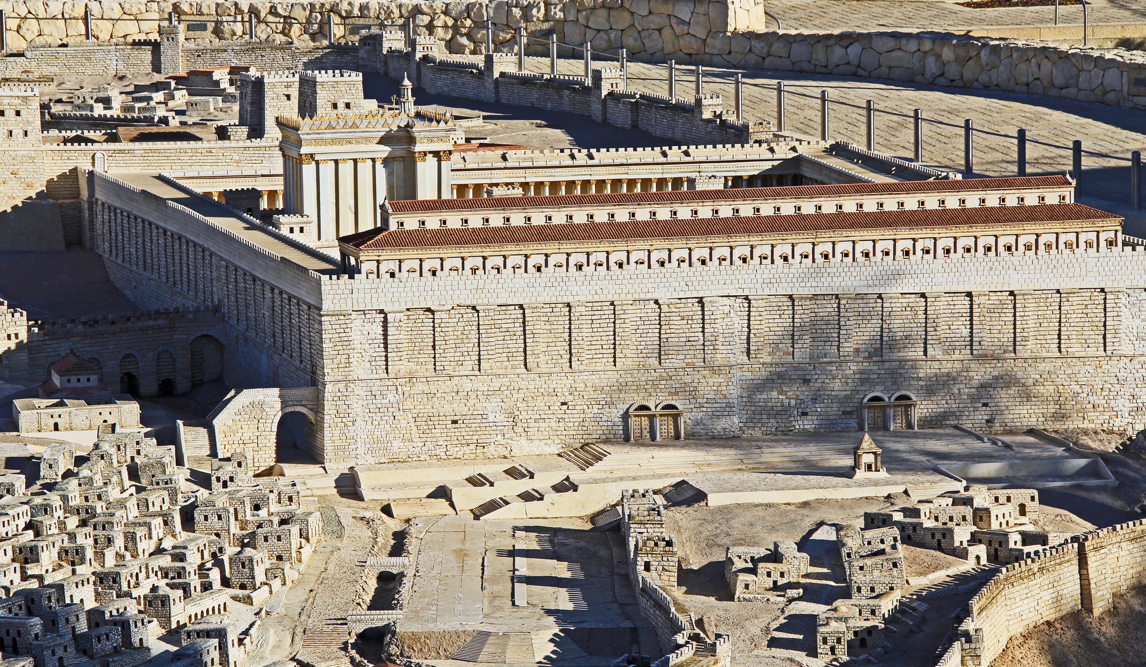 A photograph of the exact Temple model of the Second Temple and its southern wall, with the Huldah Gates along the Temple's southern walls, just north of the City of David.