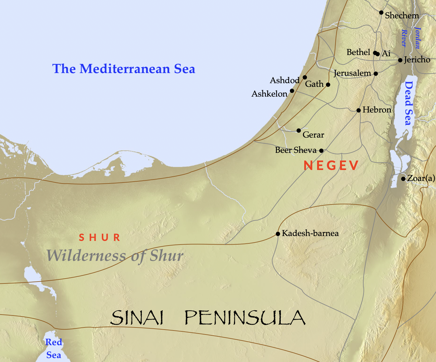 A detailed map showing where Abraham lived and dwelt in the south of Israel.