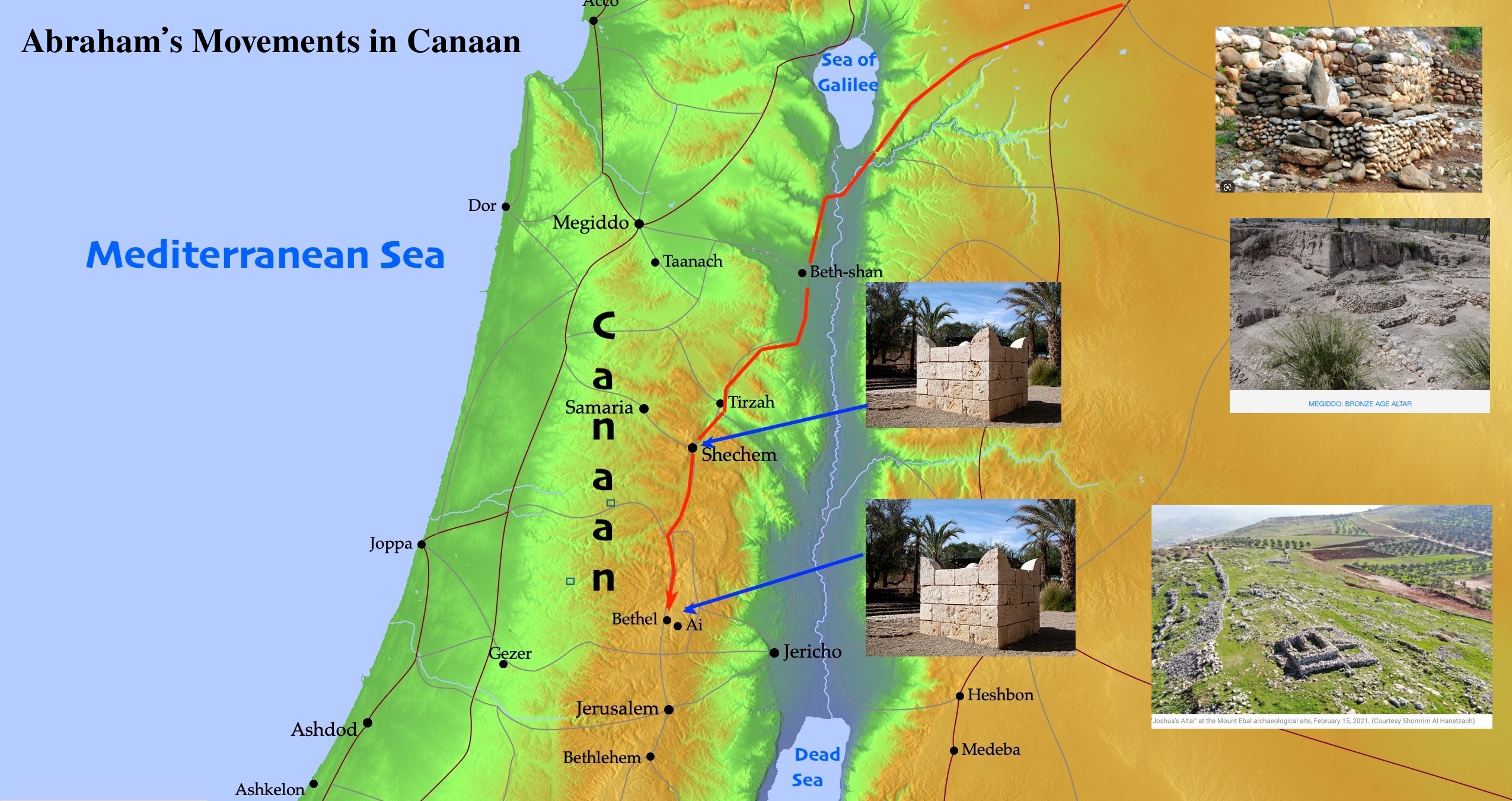 A map showing where Abraham built altars in ancient Canaan.