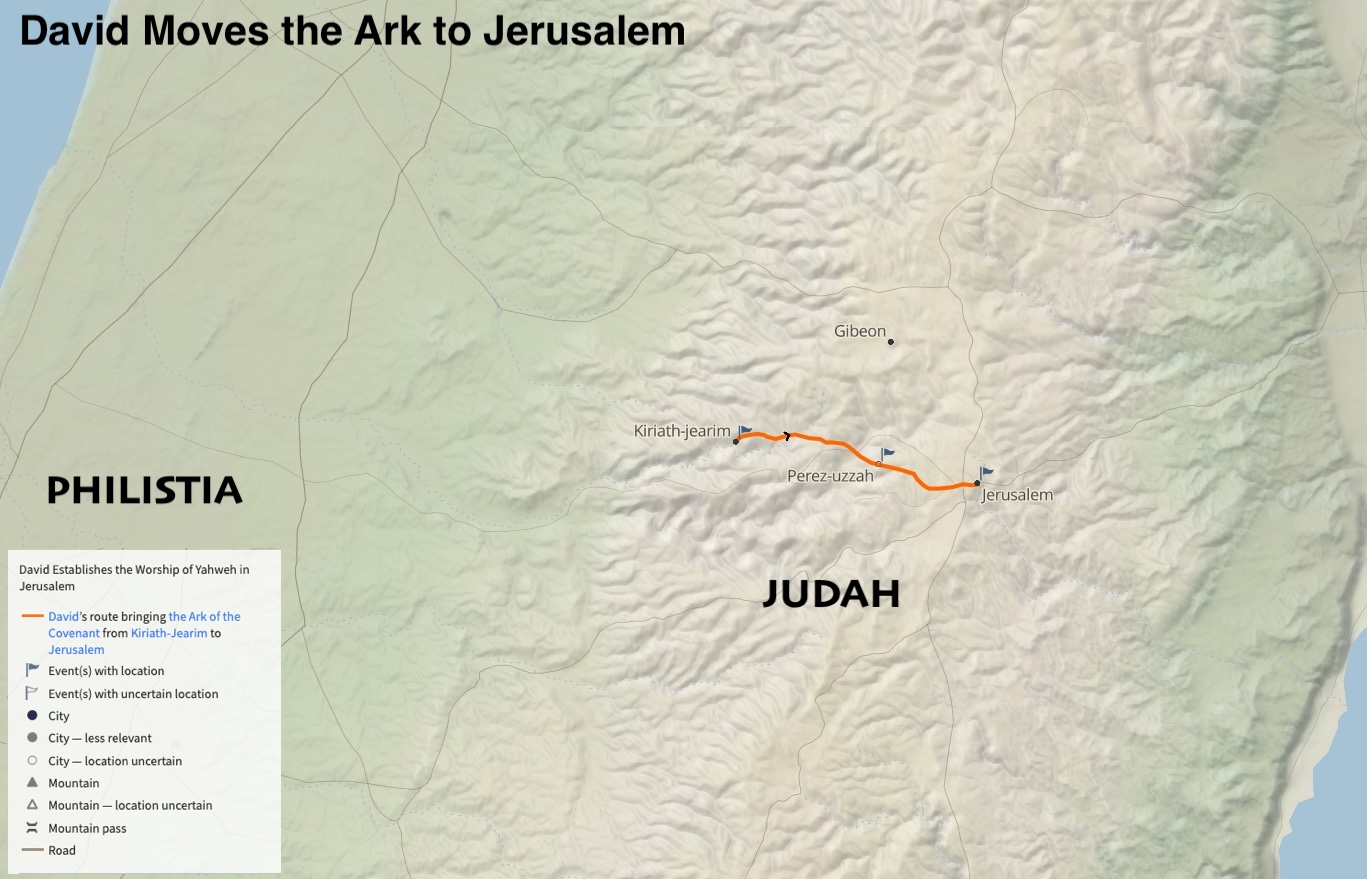 A map showing the route King David used ot move the ark of the covenant from Kiriath Jearim to Jerusalem.