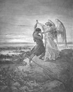 This scene is of Jacob wrestling God in Genesis. Jacob wrestled with God and prevailed.