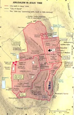 This map is from the NIV Bible & depicts ancient Jerusalem during the first century AD - the time of Jesus.