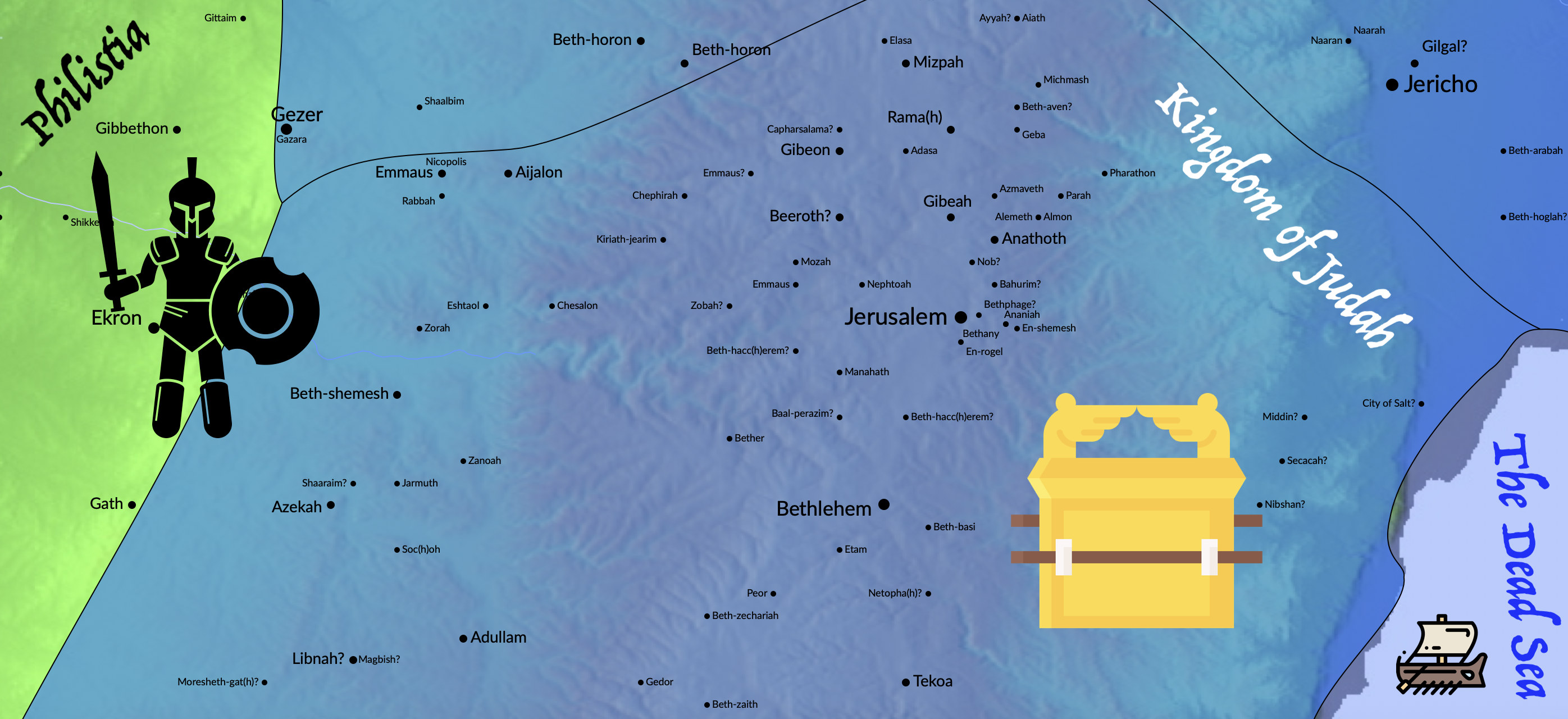 A map of the kingdom of Judah and cities.