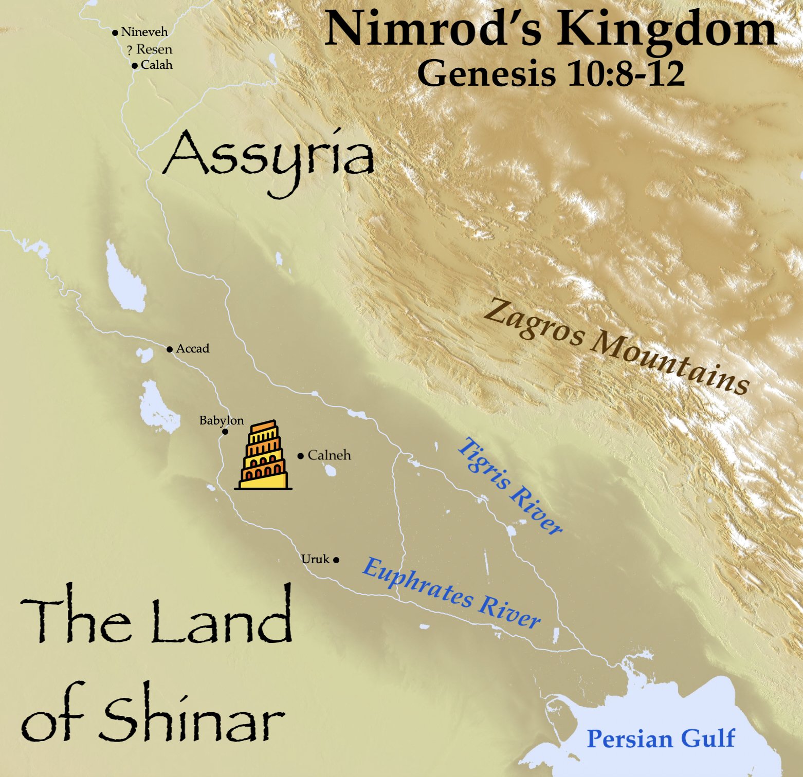 A map of the kingdom and cities builty by Nimrod in ancient Mesopotamia.