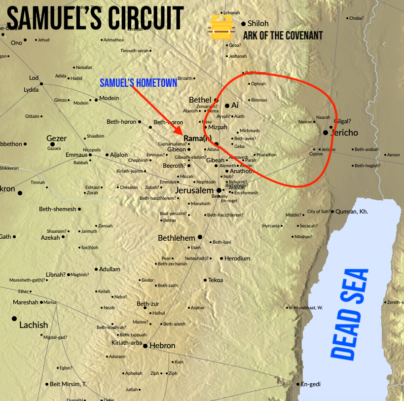 A detailed map of the cities and circuit covered by the prophet Samuel in the Old Testament.