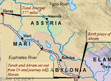 A map of Abraham's journey from Ur to Canaan.
