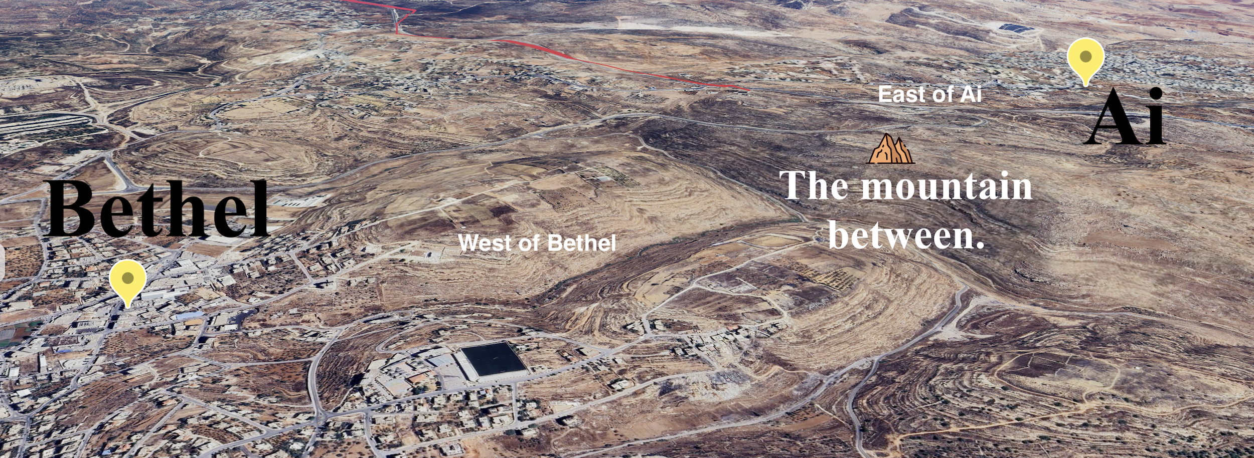 A Google Earth picture of a mountain west of Bethel where Abraham pitched his tent.