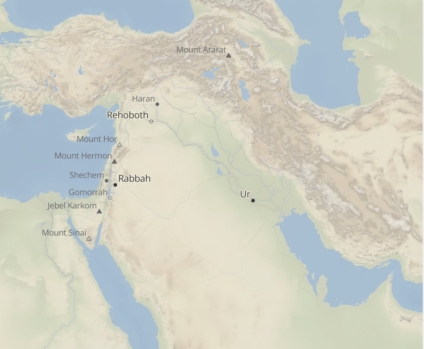 A map of ancient Mesopotamia and the biblical world from Ur to Egytp.