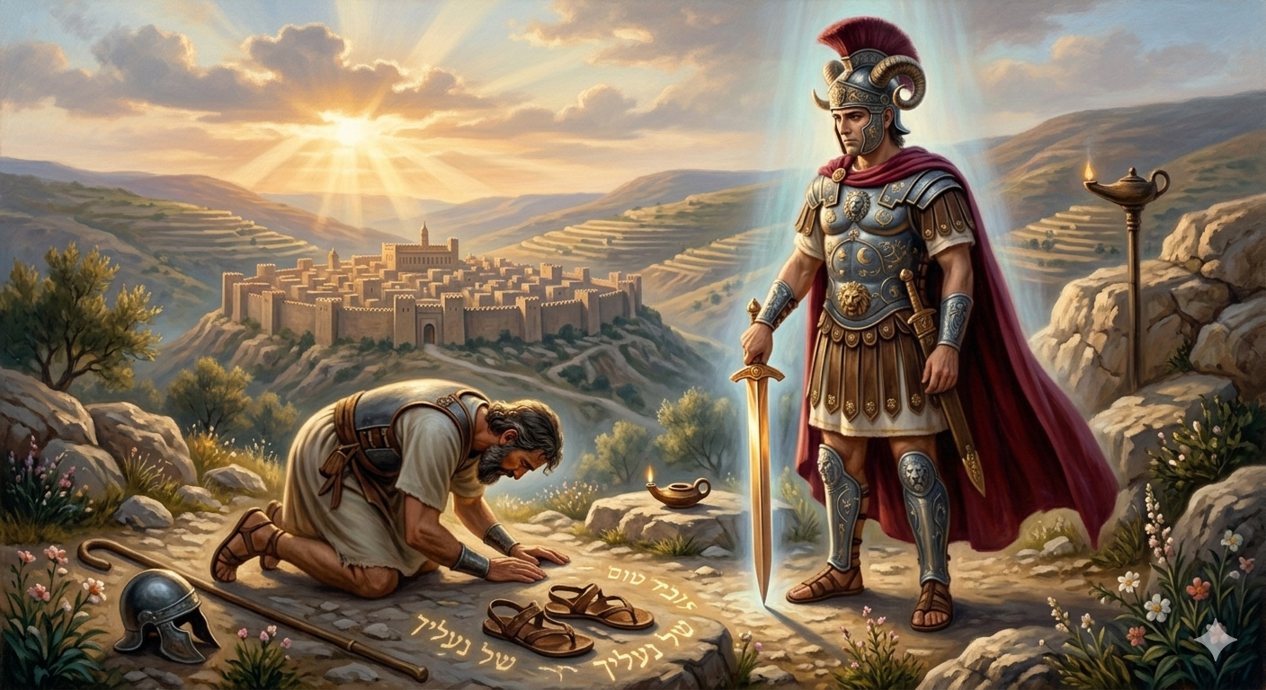 An AI image of Joshua kneeling before the Commander of the Lord's Army outside of Jericho. 
