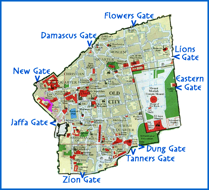 A diagram of the Gates of Jerusalem from the ancient city.
