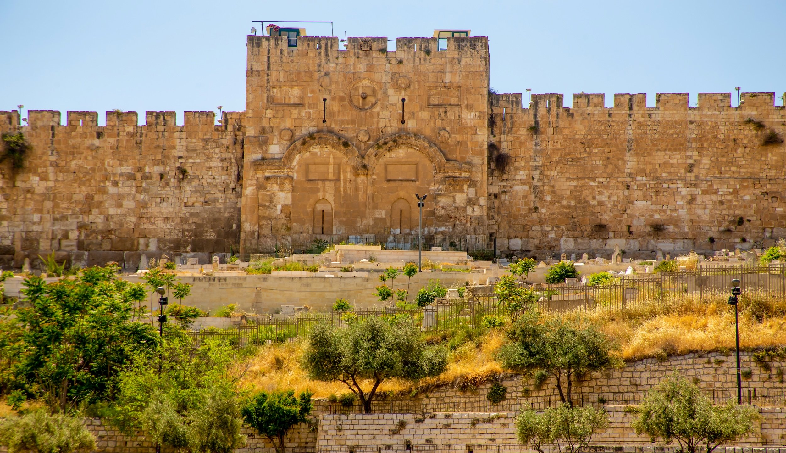 A color photograph of the Golden Gate in the eastern walls of Jerusalem's Old City leading to the Temple Mount.