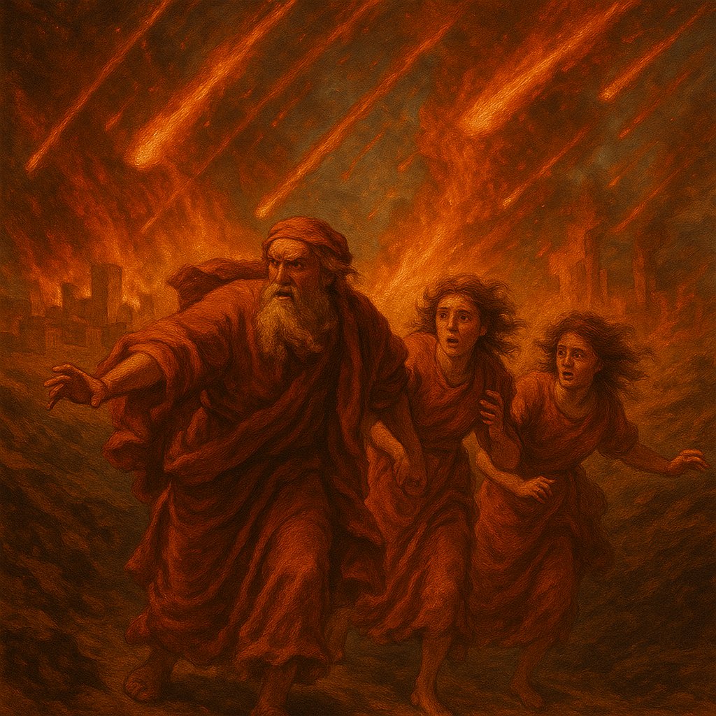 Lot flees from Sodom and Gomorrah.