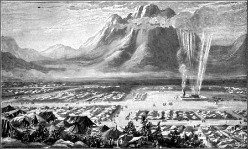 A black and white picture of the tribes camped around the Tabernacle of Moses as the Cloud dramatically descends onto the tent with Sinai in the background.